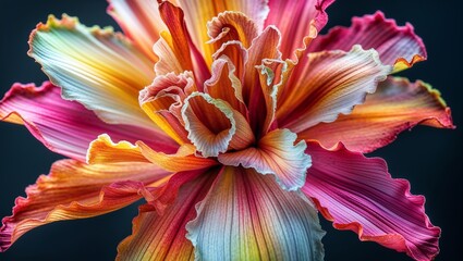 Vibrant, detailed close-up of a frilly parrot tulip in rich shades of pink, orange, and yellow, showcasing intricate petals