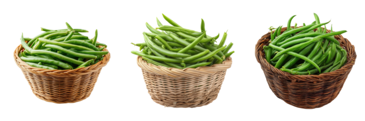 Harvesting fresh green beans in baskets at local farmers market