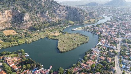 Fototapeta premium Beautiful panoramic view of the river valley and the city of Dalyan from the view point of the old town of Kaunos, Mugla Turkey