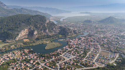 Beautiful panoramic view of the river valley and the city of Dalyan from the view point of the old town of Kaunos, Mugla Turkey