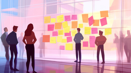Illustration of sticky notes on a glass wall with team members collaboratively discussing ideas in the background, highlighting teamwork, brainstorming, and creative office environment.