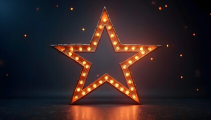 A starshaped marquee sign with glowing bulbs is centered on a reflective surface against a dark blurred background