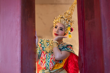 Thai Khon performers in elaborate costumes of Thotsakan, Ritik, and Nang Sida