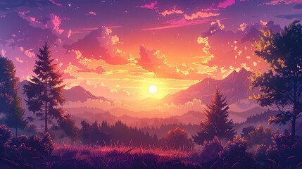 Cartoon sunset over a valley with layered mountain forest view