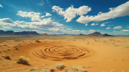 Naklejka premium Tan Sand Whirlwind Forming a Circle in Arid Desert Landscape 