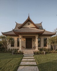 Fototapeta premium Front view of a temple style house that fuses ancient architecture with minimalism designed in a warm beige theme