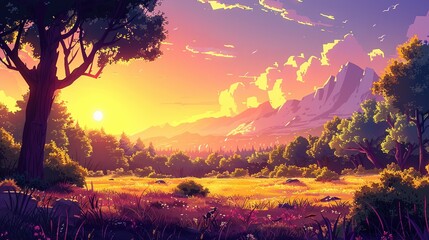 Fantasy nature cartoon with sunset behind whimsical mountain shapes