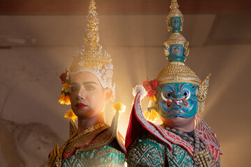 Thai Khon performers in elaborate costumes of Thotsakan, Ritik, and Nang Sida