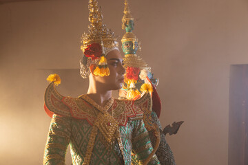 Thai Khon performers in elaborate costumes of Thotsakan, Ritik, and Nang Sida