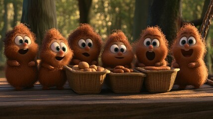 Obraz premium Fluffy creatures sharing food in a forest