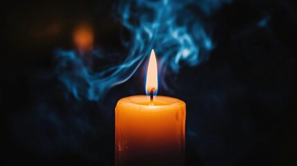 Single Candle Flame with Blue Smoke against Dark Background 