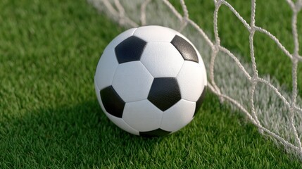 Fototapeta premium A close-up of a classic black and white soccer ball resting near the goal net on lush green grass.