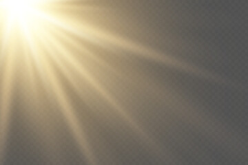 Sun rays effect with warm golden glow. On transparent background.