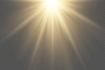 Sun rays effect with warm golden glow. On transparent background.