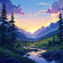 Stylized cartoon mountain valley scene with glowing orange sunlight
