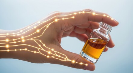 Hand holding small glass bottle with medical neural network overlay