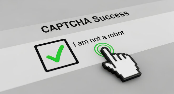 A computer cursor clicks on the I am not a robot checkbox for a successful CAPTCHA test a concept for website security and preventing automated bot access online