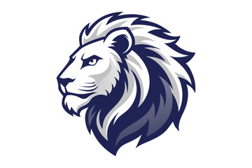 A majestic lion with an imposing navy mane stares resolutely into the distance