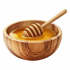 Wooden honey dipper resting in a bowl filled with golden honey, isolated on white background.
