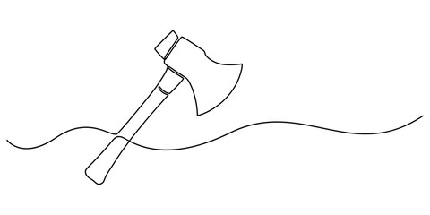 Obraz premium Continuous one line drawing of axe design. Axe in single line draw illustration. Editable stroke, One line ax .Single line of lumberjack concept, Abstract background, axe, hatchet, woodcutter, pro.