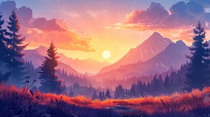 Calm cartoon landscape illustration featuring hills and glowing sunlight