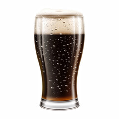 Glass of dark beer with thick foam head and bubbles isolated on white background.