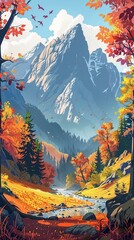 Magical golden hour cartoon illustration of forest and distant hills
