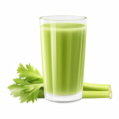 Glass of fresh green celery juice with stalks isolated on white background.