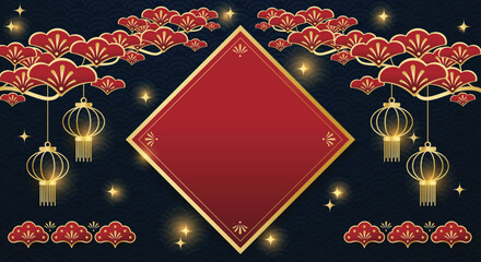Chinese festival banner with gold lanterns hanging on tree branches with red frame on dark blue pattern background. Design for Chinese New Year, Lunar new year, Mid-autumn festival.