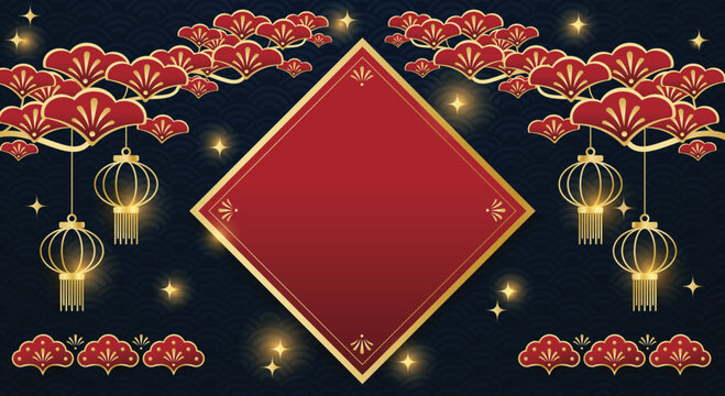 Chinese festival banner with gold lanterns hanging on tree branches with red frame on dark blue pattern background. Design for Chinese New Year, Lunar new year, Mid-autumn festival.