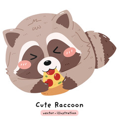 Excited Raccoon eating small slice of pizza cartoon vector illustration
