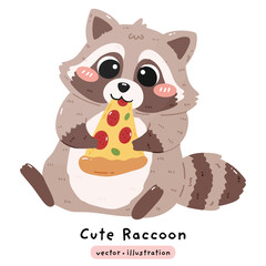 Cute Raccoon siting and eating pizza so yummy cartoon