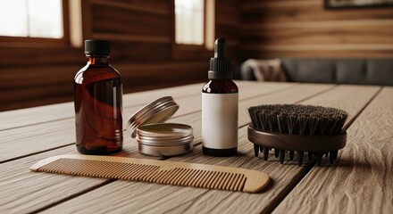 Men's grooming set with beard oil, balm, comb, and brush on wood table
