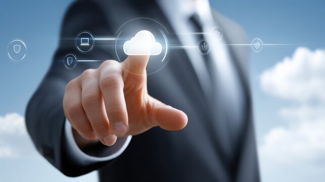Cloud computing technology with a person pressing a virtual cloud icon on a digital interface