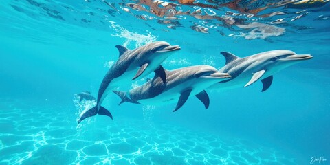 Obraz premium Graceful Dolphins in Sunny Ocean Waters
