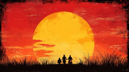 Naklejka premium Silhouette Family Walking Toward Fiery Orange Sunset Pixel Art