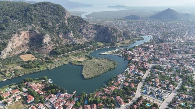 Beautiful panoramic view of the river valley and the city of Dalyan from the view point of the old town of Kaunos, Mugla Turkey