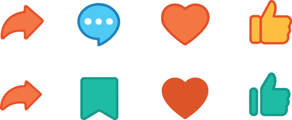 colourful Love and Like Icon Set – Heart and Social Media Symbols Vector