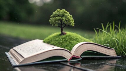 Open Book with Green Hill Tree on Wet Reflective Page