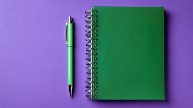 Ultra quality image of green spiral notebook and pen on a vibrant purple background. Trendy composition ideal for creative workspaces, office themes or back to school concepts.