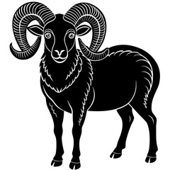 Black silhouette of a realistic adult ram with curled horns.



