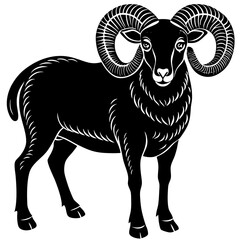 Black silhouette of a realistic adult ram with curled horns.



