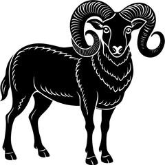 Black silhouette of a realistic adult ram with curled horns.



