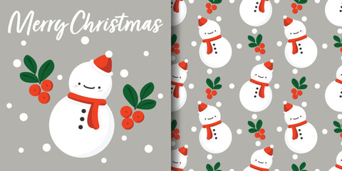 Christmas holiday banner and seamless pattern of cute snowman wearing red scarf and Santa hat on light gray background with Holly berries and snowflakes.
