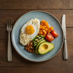fried eggs with avocado  and vegetables