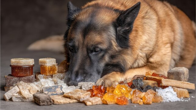 A German Shepherd dog sniffs at an assortment of resins, crystals, and jars on a table.