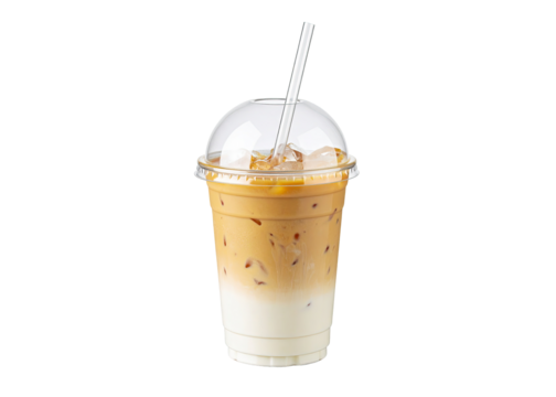 iced vanilla latte in a plastic cup with a dome lid and a straw