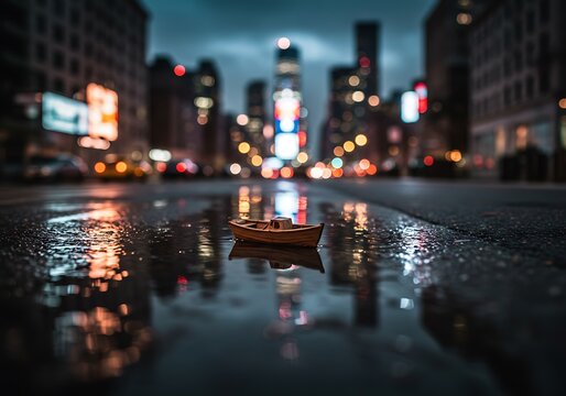 A small wooden boat in sour water, during bad weather, on the streets of New York, tilt-shift photography, At night