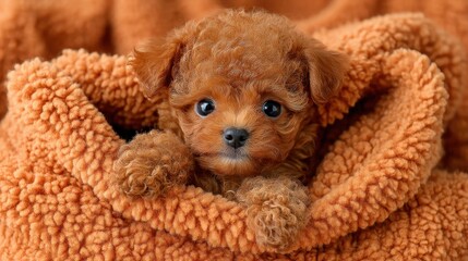 A small brown puppy snuggles in a fluffy orange blanket, looking up with big, expressive eyes.