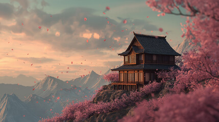 Naklejka premium Asian Wooden House with Cherry Blossoms